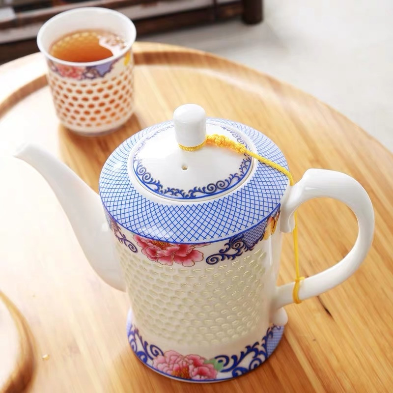 Ceainic din porțelan albastru și alb, de mare capacitate, ceainic din ceramică, ceainic portabil, cu gol, Kung Fu, cană de ceai de birou