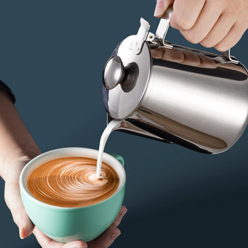 Στάμνα για αφρόγαλα από ανοξείδωτο ατσάλι με καπάκι Espresso Barista Cappuccino Coffee Milk Jug Cream Cup για Home Cafe Bar