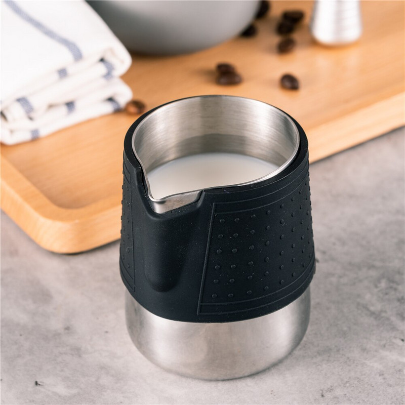 350 мл силиконова кана за разпенване на мляко от неръждаема стомана, кафе, еспресо, задушаващо бариста, занаятчийски лате, капучино, кана за мляко, чаши за лате
