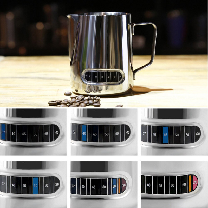 Кана за разпенване на мляко от неръждаема стомана 350/600 мл с индикатор за термометър Кана за мляко Barista Coffe Latte Art Cup Кана за мляко
