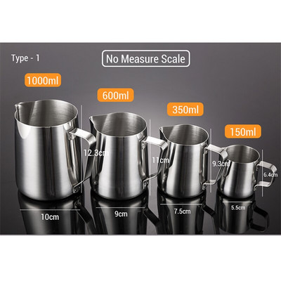 Rozsdamentes acél tejhabosító kancsó Kávékancsó Latte Art 1db/tétel csésze Űrtartalom 150ml / 350ml / 600ml / 1000ml JJA003