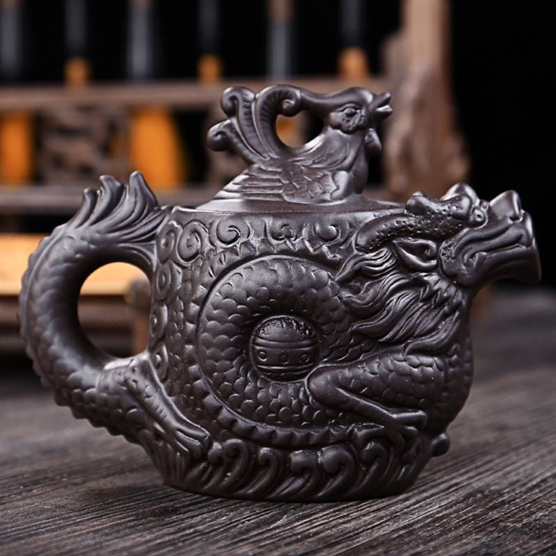 Forró akció Lila agyag teáskanna, hagyományos kínai teáskanna sárkány és főnix teáskanna prémium tea, lila agyag kungfu teáskészlet