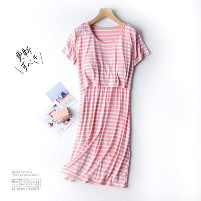 Раирана дамска нощница с обло деколте и къс ръкав за бременни