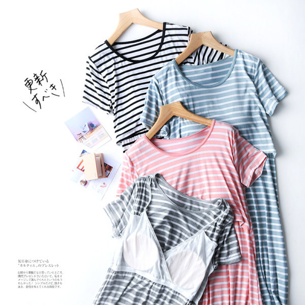 Раирана дамска нощница с обло деколте и къс ръкав за бременни