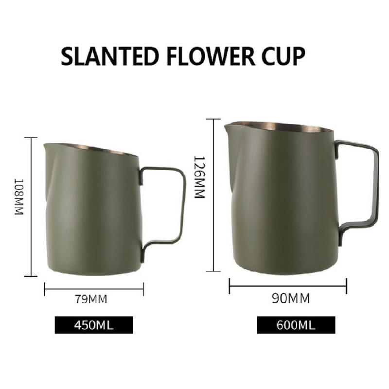 450/600 ml-es rozsdamentes acél tejhabos kancsó Tejkancsó Kávésbögre Ferde szájú Élelmiszer-minőségű húzós virágcsésze Latte Art eszköz