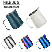 Кана за мляко от неръждаема стомана Кана за разпенване на мляко 350 ml Еспресо машина Cappuccino Latte Art Разпенваща се стомна Кана за бариста Чаша за мляко