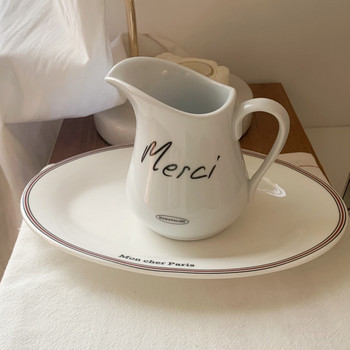 Custom Korean INS Style Ceramic 300ML Milk Vintage White French Mechi Printed Porcelain Hotel Restaurant Use Tea Milk Cana