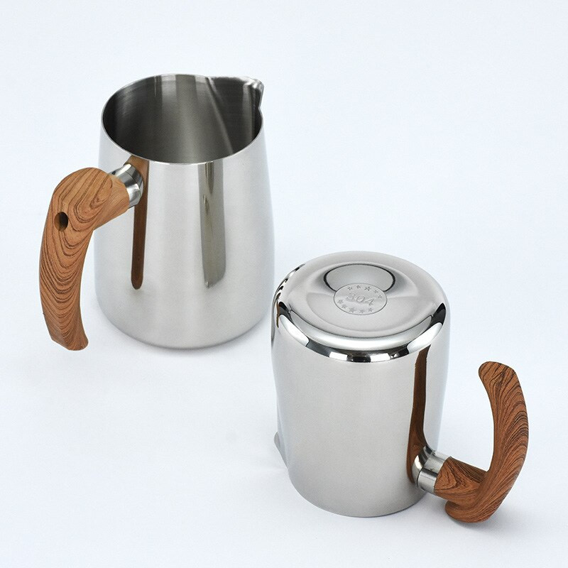 304 Rozsdamentes acél kávéskanna konyhai tejhabosító edény vízforraló húzó virágcsésze fa fogantyús edény, tejeskávé, cappuccino kávéfőző