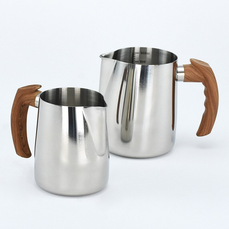 304 Rozsdamentes acél kávéskanna konyhai tejhabosító edény vízforraló húzó virágcsésze fa fogantyús edény, tejeskávé, cappuccino kávéfőző