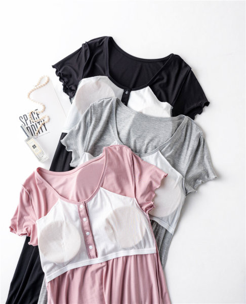 Едноцветна дамска нощница с обло деколте за кърмачки