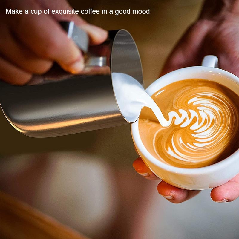BORREY rozsdamentes acél kávéskancsó bögre tejhabos kancsó Latte Art gőzkancsók tejkrémes kancsó díszítőtollal