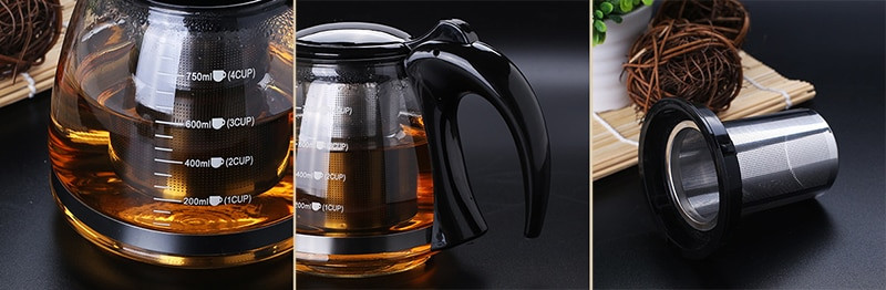 750 ml & 1200 ml Creative Design Üveg teáskanna Fashion üveg teáskanna teavirághoz, kivehető acél infúziós szűrővel teáskanna