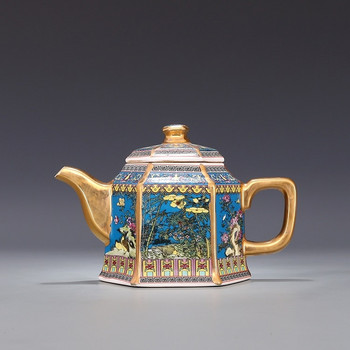 Jingdezhen Antique Qianlong χρυσή τσαγιέρα με λαβή Εξάγωνες τσαγιέρες με σχέδια λουλουδιών και πουλιών Αρχαία κεραμική γλάστρα