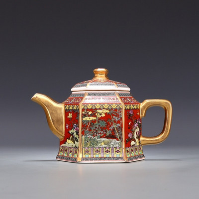 Jingdezhen Античен емайлиран златен чайник Qianlong с дръжка Шестоъгълни чайници с шарка на цветя и птици Древна керамична саксия