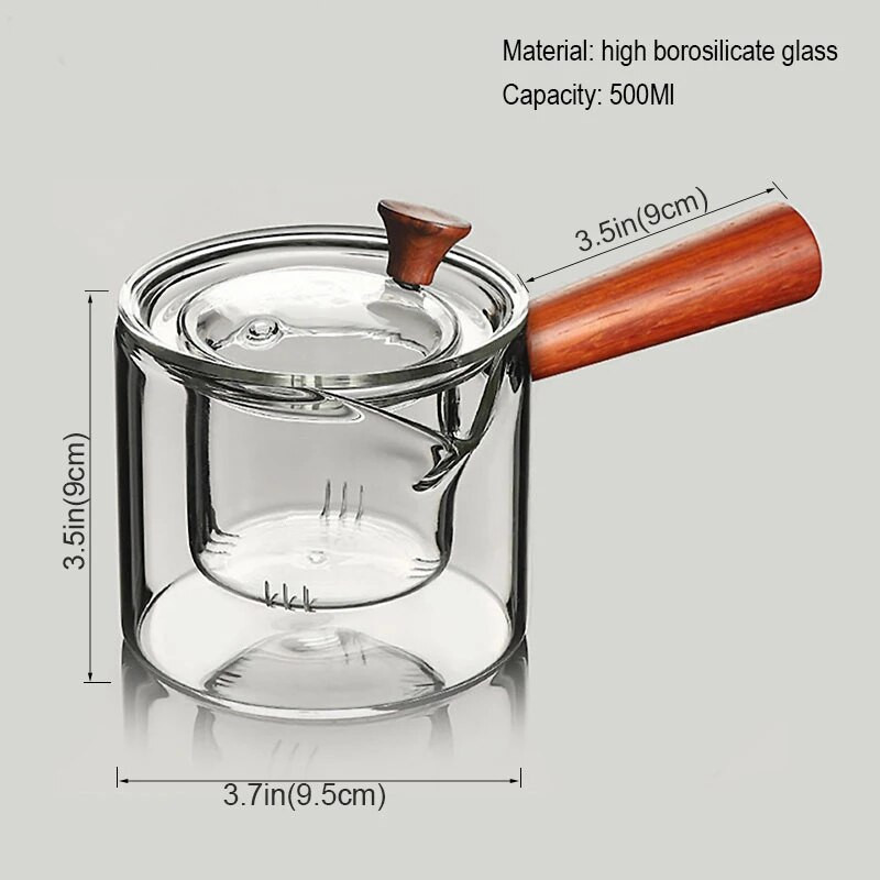 BOZZH 500ml Kézzel készített hőálló üveg teáskanna infúziós szűrővel, fa nyelű, forró teáskanna Puer vízforraló