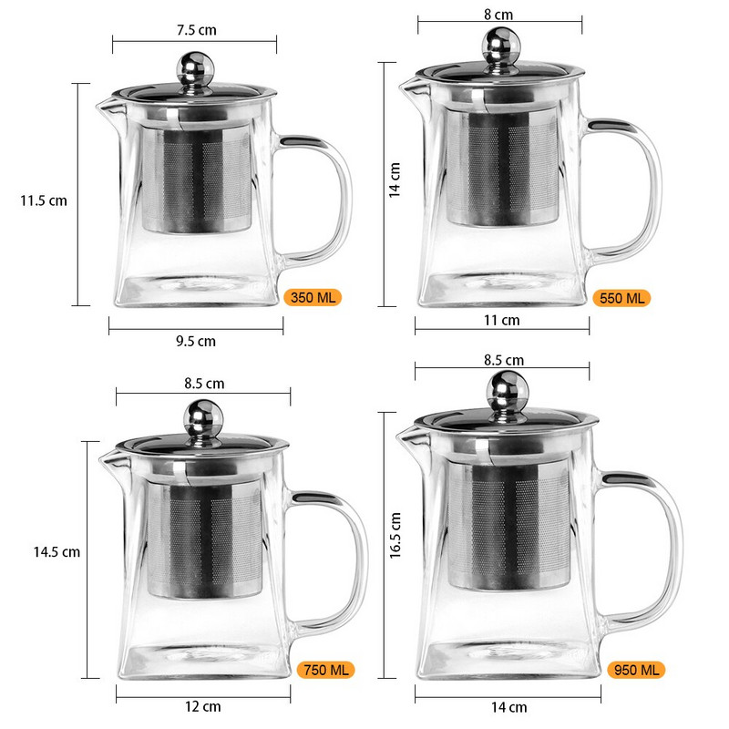 Boroszilikát üveg teáskanna hőálló négyzet alakú üveg teáskanna tea infuser szűrő tej Oolong virágos teáskanna