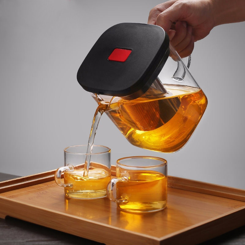 Átlátszó üveg teáscsésze készletek Hőálló, négyzet alakú üveg teáskanna teainfúzióval Puer Oolong teáskannák Vízforraló Irodai teáscsésze