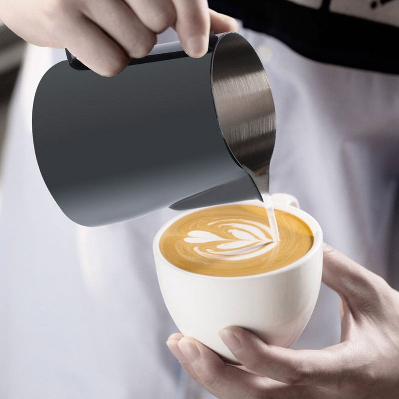 350 ml-es rozsdamentes acél kávékancsó tejhabosító csésze tejeskancsó fekete színes csésze Latte Art konyhai kávétartozékokhoz