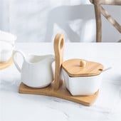 Európai kerámia tejkancsó kiöntő kancsó kávé krémes bögre fehér porcelán szív alakú cukorpalack bambusz tálcával és fedéllel
