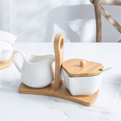 Európai kerámia tejkancsó kiöntő kancsó kávé krémes bögre fehér porcelán szív alakú cukorpalack bambusz tálcával és fedéllel