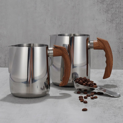 Vrč za kuhanje mlijeka od nehrđajućeg čelika Vrč za pjenjenje Vrč za espresso kavu 600ml 900ml s ručkom od drvenog zrna Jednostavno čišćenje