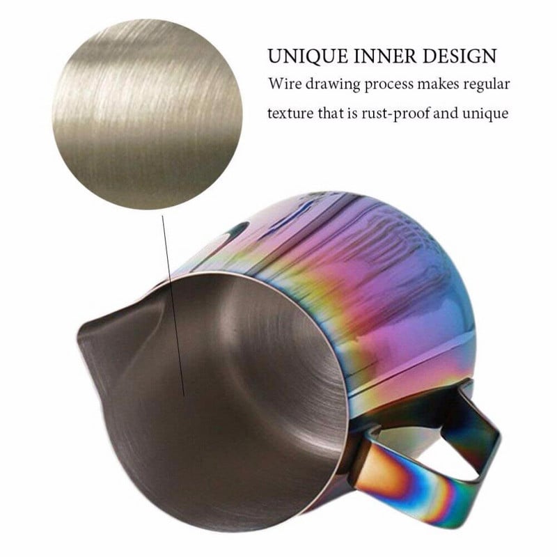 Nerūdijančio plieno pieno putų ąsotis, vaivorykštės spalvos pritaikyti kavos puodeliai, pieno garų plaktuvas espreso kavos aparatams