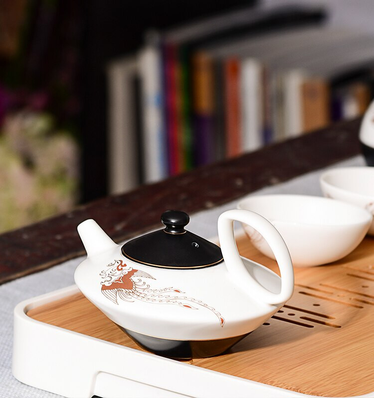 Ceainic chinezesc 150 ML din ceramică phoenix alb-negru mat