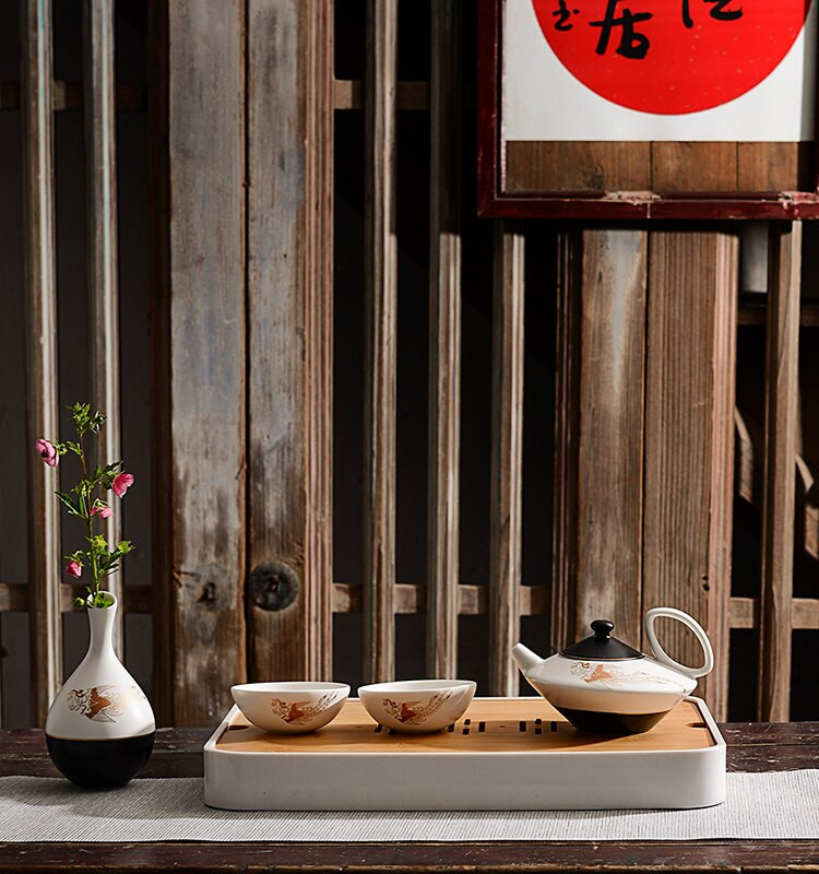 Ceainic chinezesc 150 ML din ceramică phoenix alb-negru mat