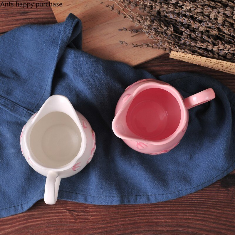 Flori de cireș Cană de lapte din ceramică, alb, roz, borcan de bomboane, accesorii pentru cafea, vase de cafea, rezervor de lapte, rezervor de depozitare