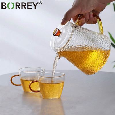 Стъклен чайник BORREY с модел на филтър и чук Чайник Чаша за чай Газов котлон Чайник за вода Топлоустойчив стъклен комплект за чай Чайник с цветя