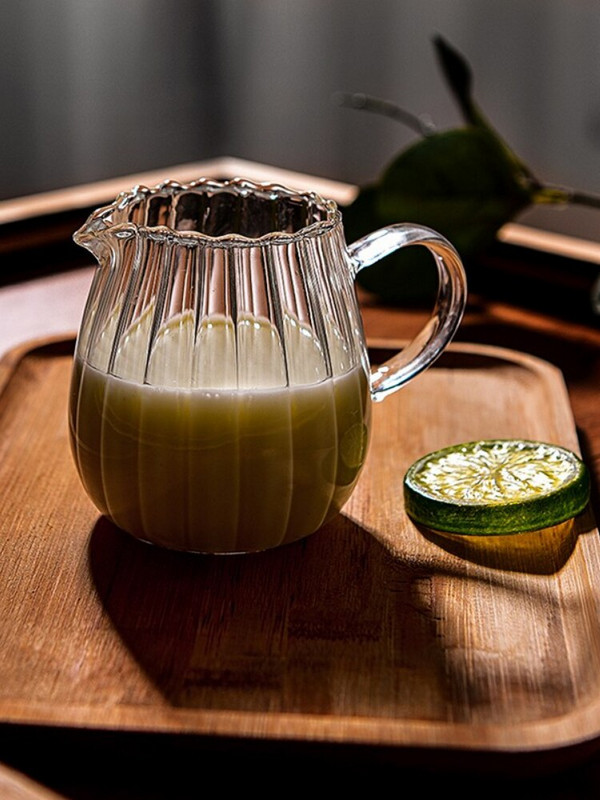 Üveg japán csíkos tejkanna hőálló csésze kávé tejes tea elválasztó átlátszó tejhabos kancsó fogantyúval