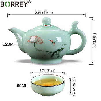 BORREY Керамичен чайник Порцеланова чаша Longquan Celadon Teapot Китайски кунг-фу комплект чай Ръчно рисуван Puer Oolong чайник Чайник за вода