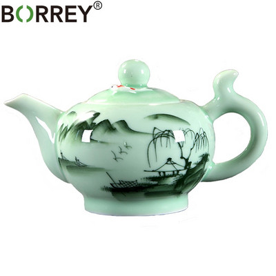 BORREY Керамичен чайник Порцеланова чаша Longquan Celadon Teapot Китайски кунг-фу комплект чай Ръчно рисуван Puer Oolong чайник Чайник за вода