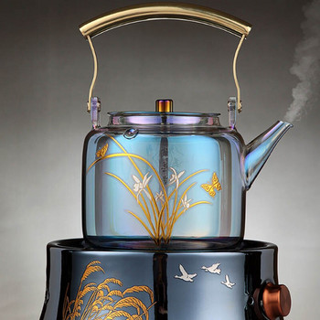 900 мл стъклен чайник, топлоустойчив оцветен чайник с филтърна цедка, ръчно рисувани цветя, газова печка, чайник, съдове за напитки