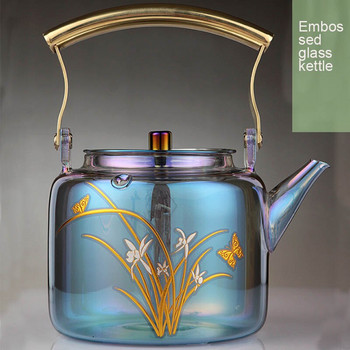 900 мл стъклен чайник, топлоустойчив оцветен чайник с филтърна цедка, ръчно рисувани цветя, газова печка, чайник, съдове за напитки