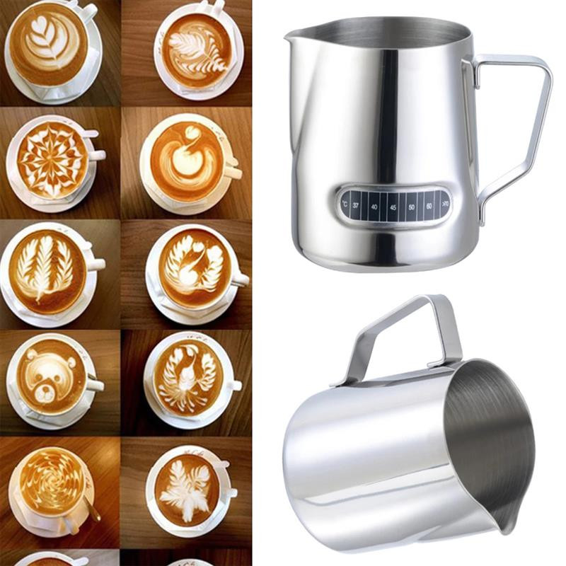 Nerūdijančio plieno pieno putų ąsotis su termometru 600 ml plakimo pieno putos ąsotis Espreso kavos pieno putos puodukas puodelio ąsočiu