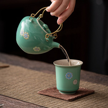 200 мл тюркоазено остъклен ръчно изработен керамичен чайник в японски стил Малък чайник с дръжки на примка Майсторска гърне за цветя Кунг-фу Чаена церемония