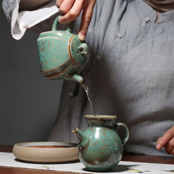 Керамична зелена глазура Пещ за смяна на кунг-фу чайник Домакински ретро чайник Винтидж керамика Офис кана за чай Китайски прибори за чай Комплект чай