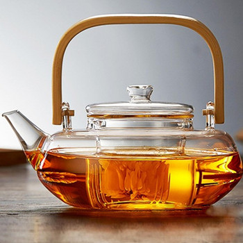 Прозрачен стъклен чайник с подвижен инфузер Топлоустойчива тенджера за чай