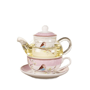 Керамичен чайник с цветя Чаша с цвете Птица Чинийка Топлоустойчива стъклена саксия Комплект Чаша за кафе Следобеден чай Комплект за чай