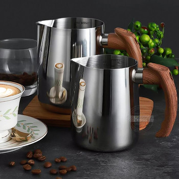 Konco από ανοξείδωτο ατσάλι κανάτα για αφρισμό γάλακτος καφέ Espresso Ξύλινη λαβή Στάμνα καφέ Barista Craft Coffee Latte Milk FrothingJug