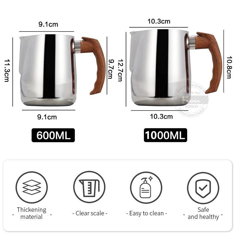 Konco nerūdijančio plieno kavos pieno putų ąsotis Espreso medinis kavos ąsotis Barista Craft Coffee Latte pieno putų ąsotis