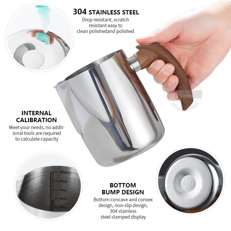 Konco nerūdijančio plieno kavos pieno putų ąsotis Espreso medinis kavos ąsotis Barista Craft Coffee Latte pieno putų ąsotis