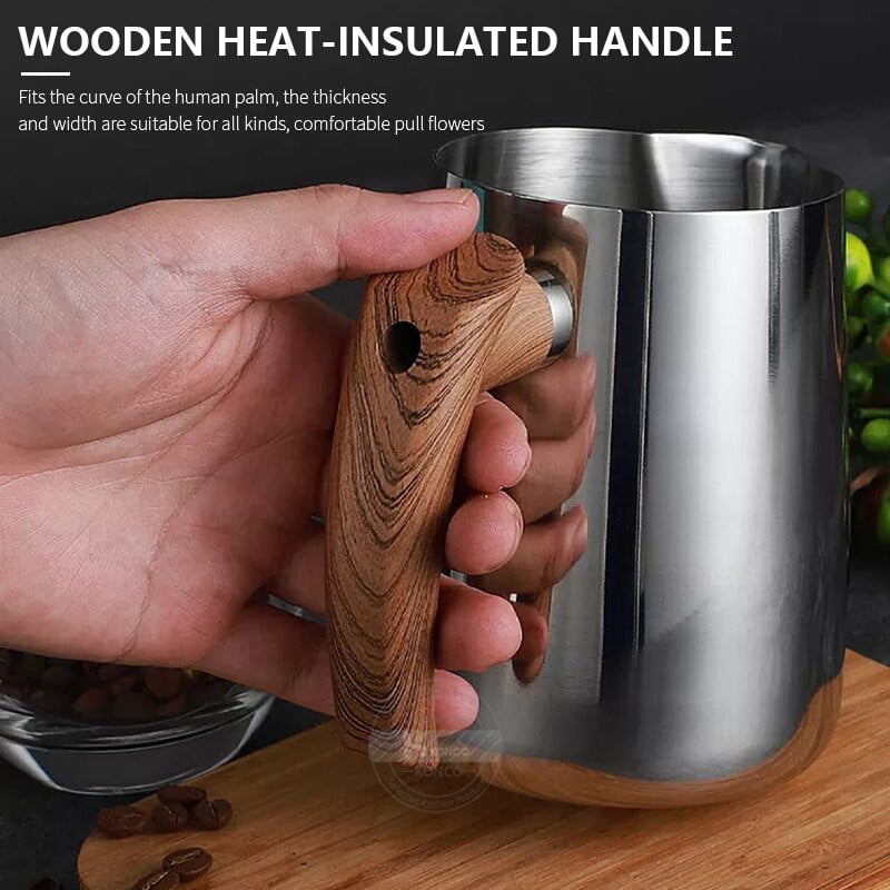 Konco nerūdijančio plieno kavos pieno putų ąsotis Espreso medinis kavos ąsotis Barista Craft Coffee Latte pieno putų ąsotis
