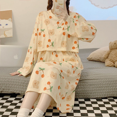 Cămașă de noapte lejeră cu decolteu oval și mânecă lungă pentru mamele care alăptează