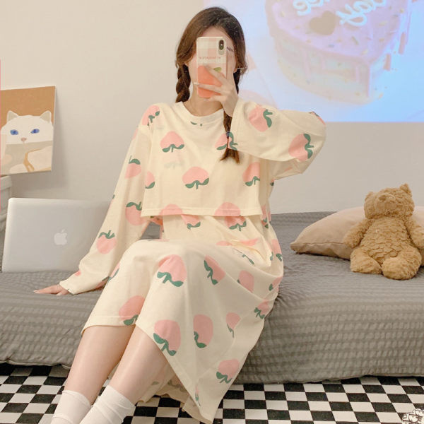 Cămașă de noapte lejeră cu decolteu oval și mânecă lungă pentru mamele care alăptează