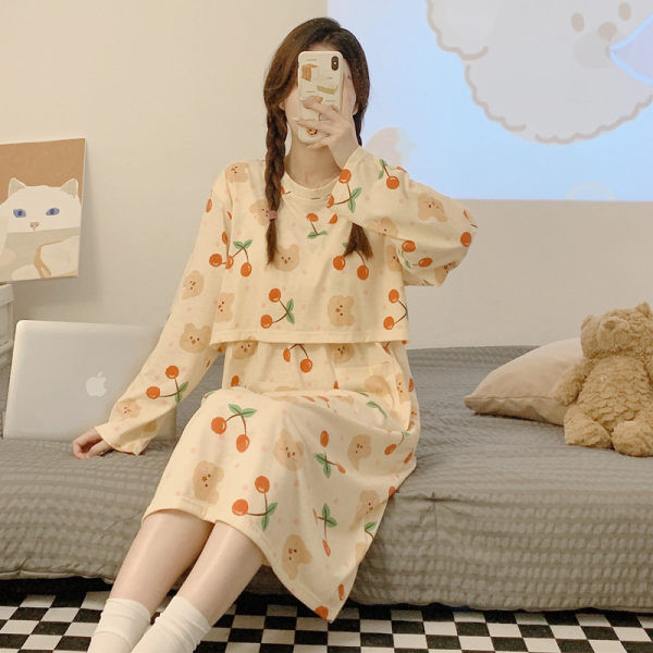 Cămașă de noapte lejeră cu decolteu oval și mânecă lungă pentru mamele care alăptează