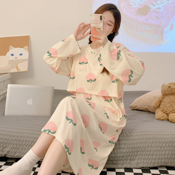 Cămașă de noapte lejeră cu decolteu oval și mânecă lungă pentru mamele care alăptează