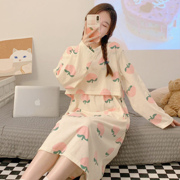 Cămașă de noapte lejeră cu decolteu oval și mânecă lungă pentru mamele care alăptează