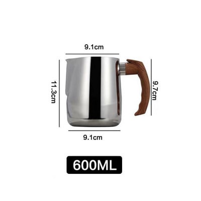 Rozsdamentes acél tejkancsó, 600/1000 ml-es kézi kávékrémes tejhabos kancsó csésze mérőjellel és fa nyéllel